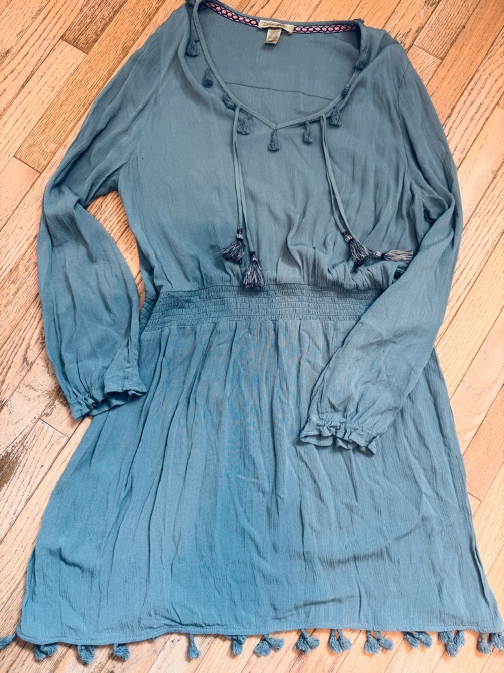 Davina Boho Goddess Maxi Dress Tiered Tassels Dusty Teal Seafoam Mint Dress - Picture 8 of 11